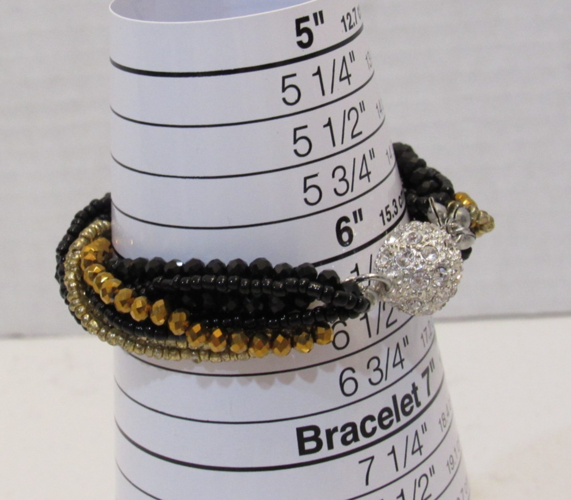 Set of 3 Beaded Bracelets Magnetic Rhinestone Clasp Multi-Strand Black Gold
