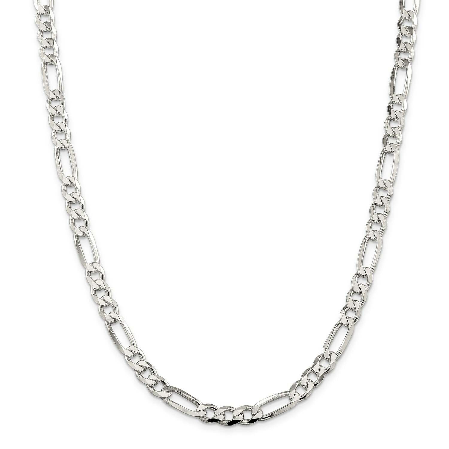 Sterling Silver 7mm Pave Flat Figaro Link Chain w/ Lobster Clasp 16″ – 30″