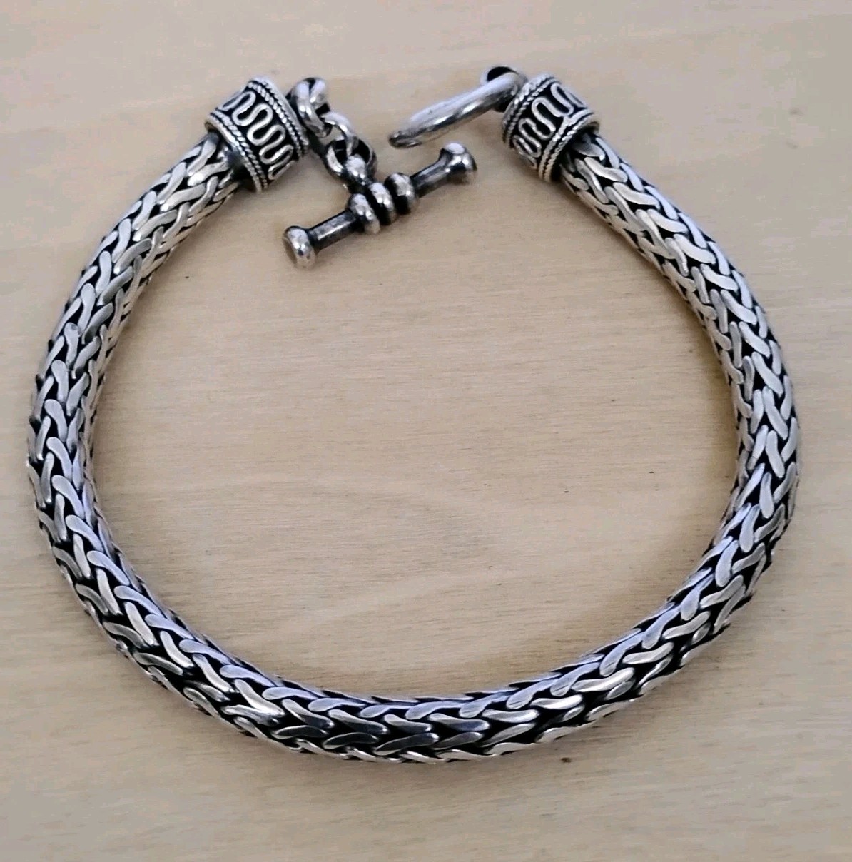 Sterling Silver 6mm Wheat Braided Link Toggle Bracelet 925 Oxidized 33.9g