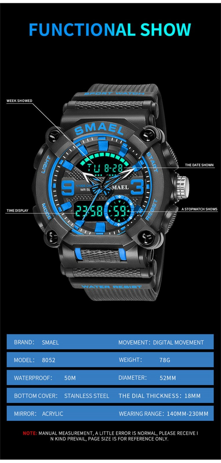 SMAEL Men’s Outdoor Sport Watch -LED Digital Quartz Fashion Stopwatch Wristwatch