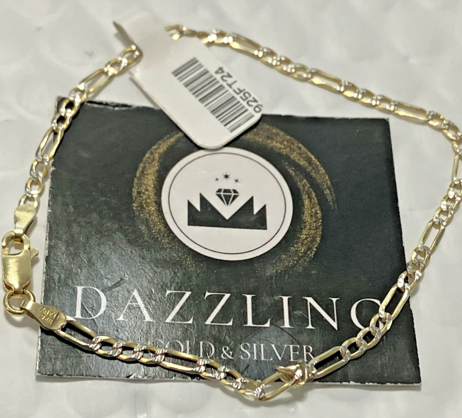 925 Sterling Silver Italy Solid Figaro Bracelet 2Tone-Gold 2.4grams 2.7mm 8” New