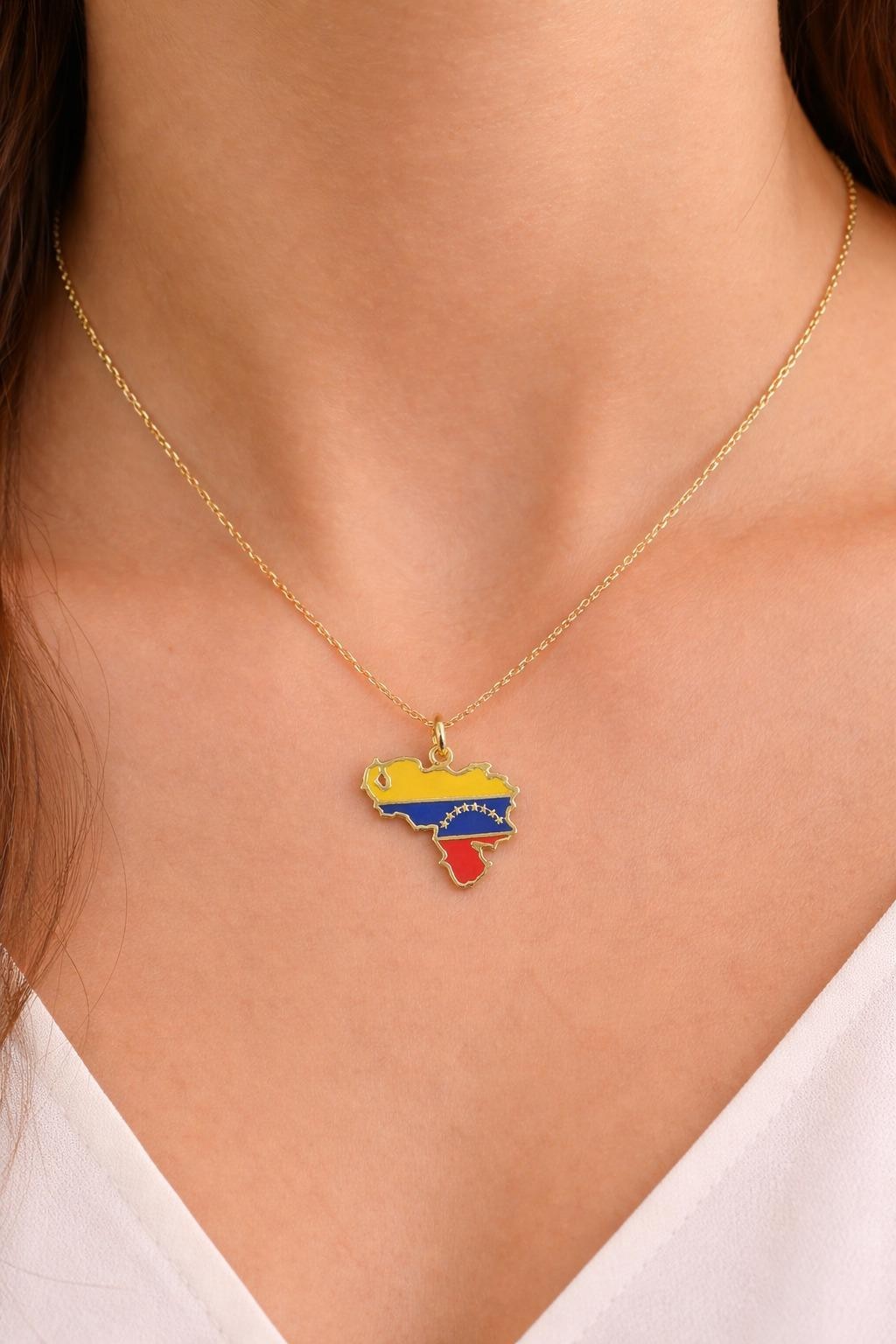 Venezuela Map Pendant Necklace 14k Solid Gold Plain or Enamel Charm