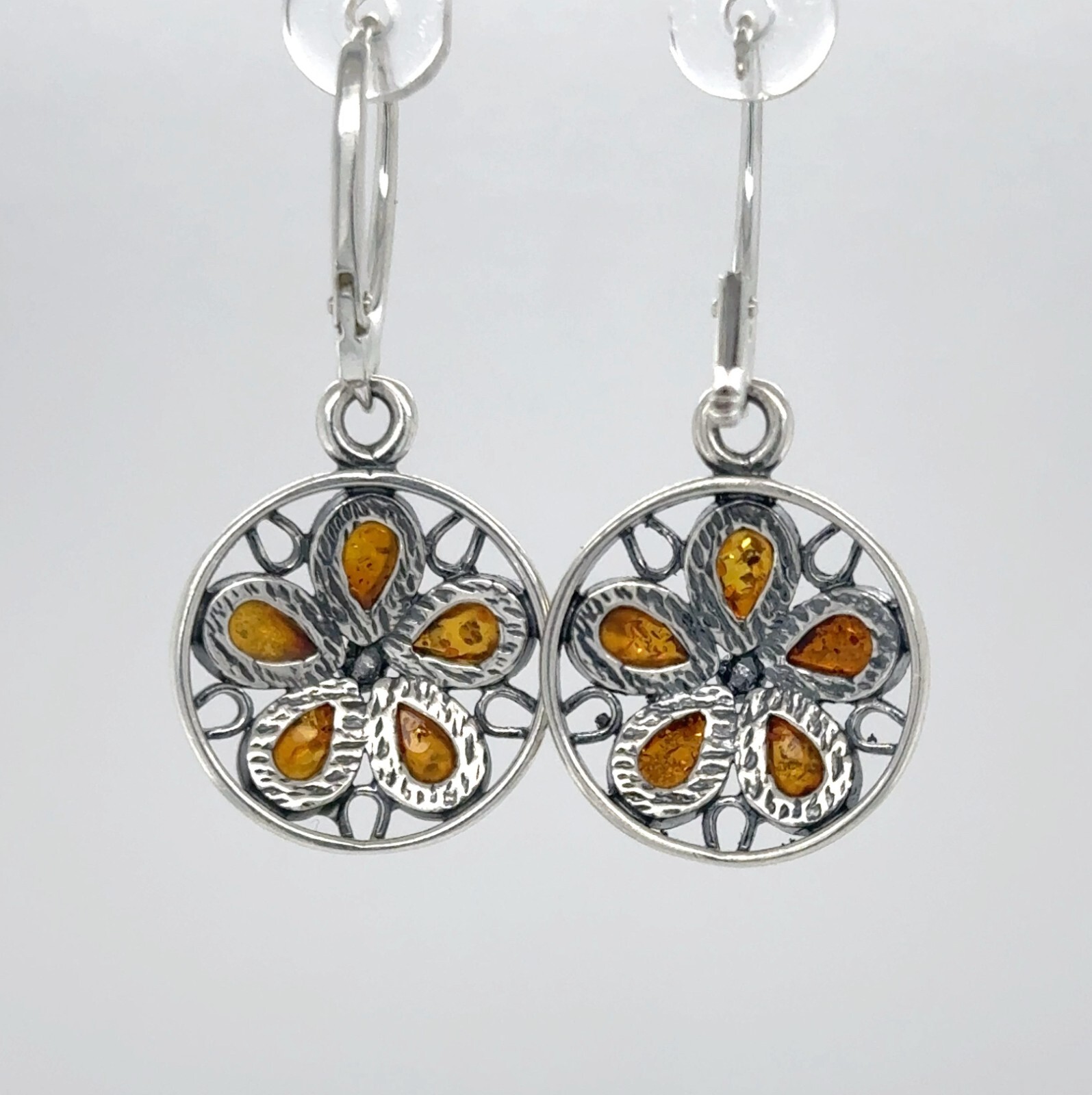 Cognac / Brown BALTIC AMBER Flower Leveback Earrings 925 STERLING SILVER #1666
