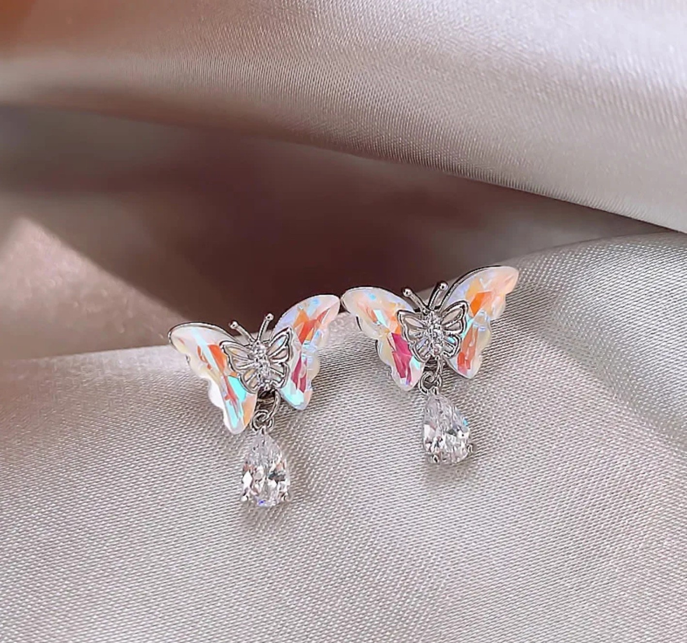 Silver Tone Butterfly Stud Dangle Drop Earrings Clear Teardrop Rhinestone