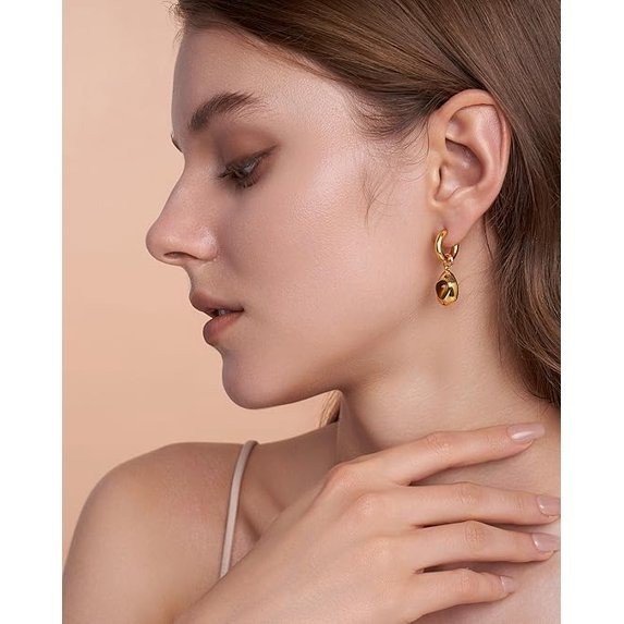 Gold Tone Drop Hoop Earrings Women Simulated Stone Fashion Jewelry Gift Set Wear