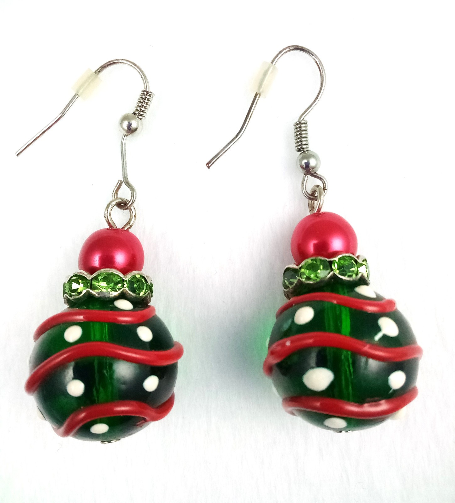 Christmas Ornament Green Red Glass Rhinestone Hook Dangle Earrings 1.75″