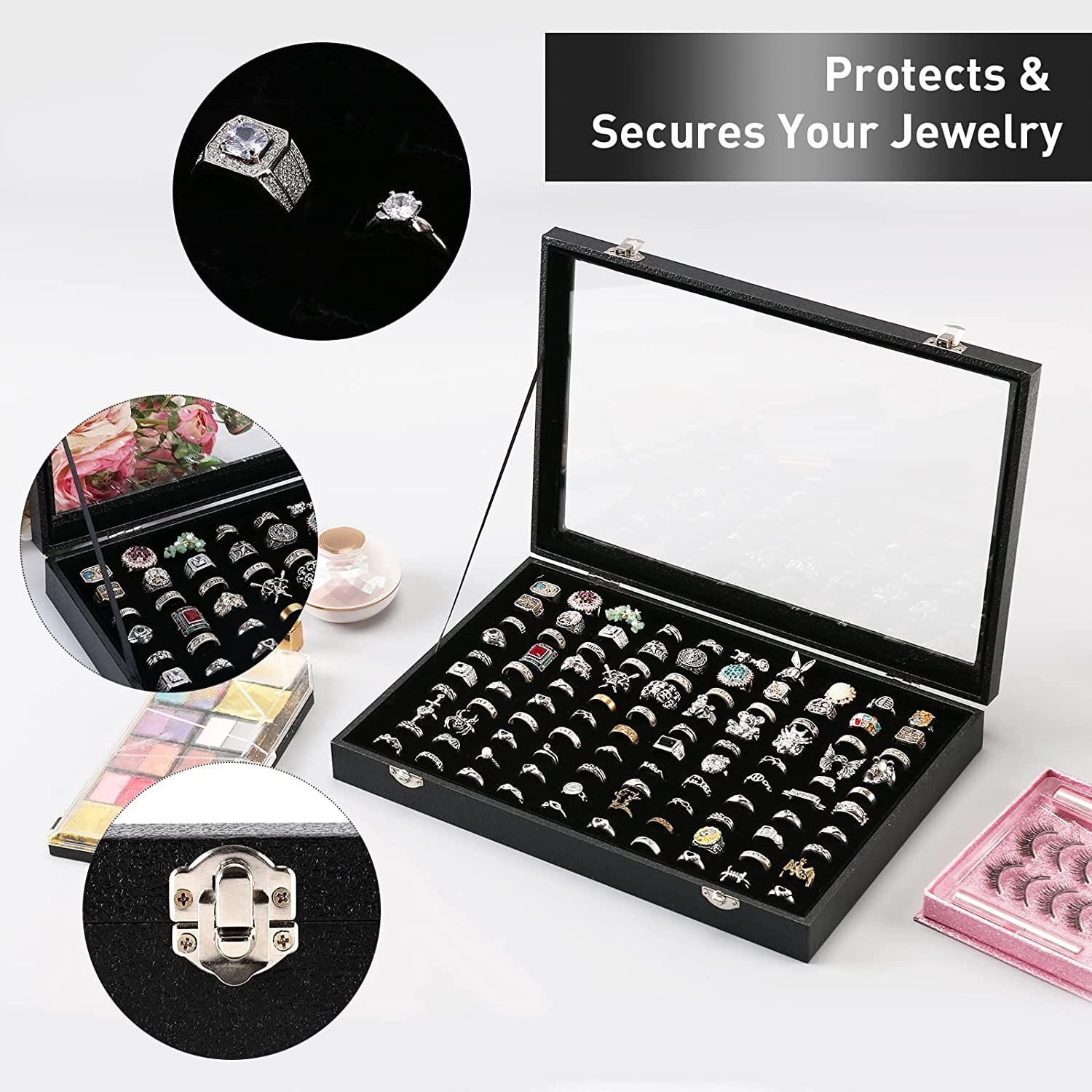 Black 100 Slots Ring Organizer Box,Ring Display Case Storage Box with clear lid
