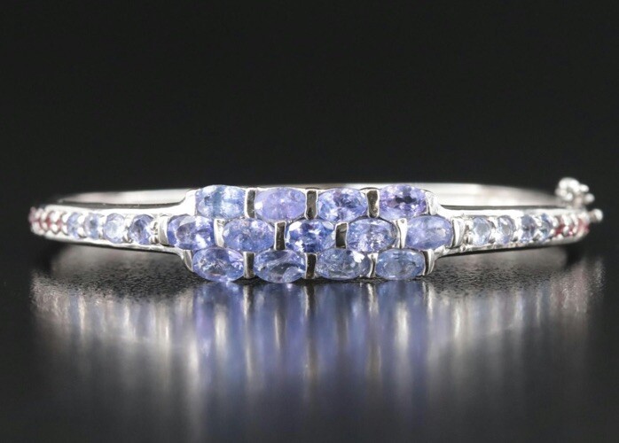 Sterling Silver 925 Bangle Bracelet Tanzanite & Garnet Stones 6”D 8.8 Grams