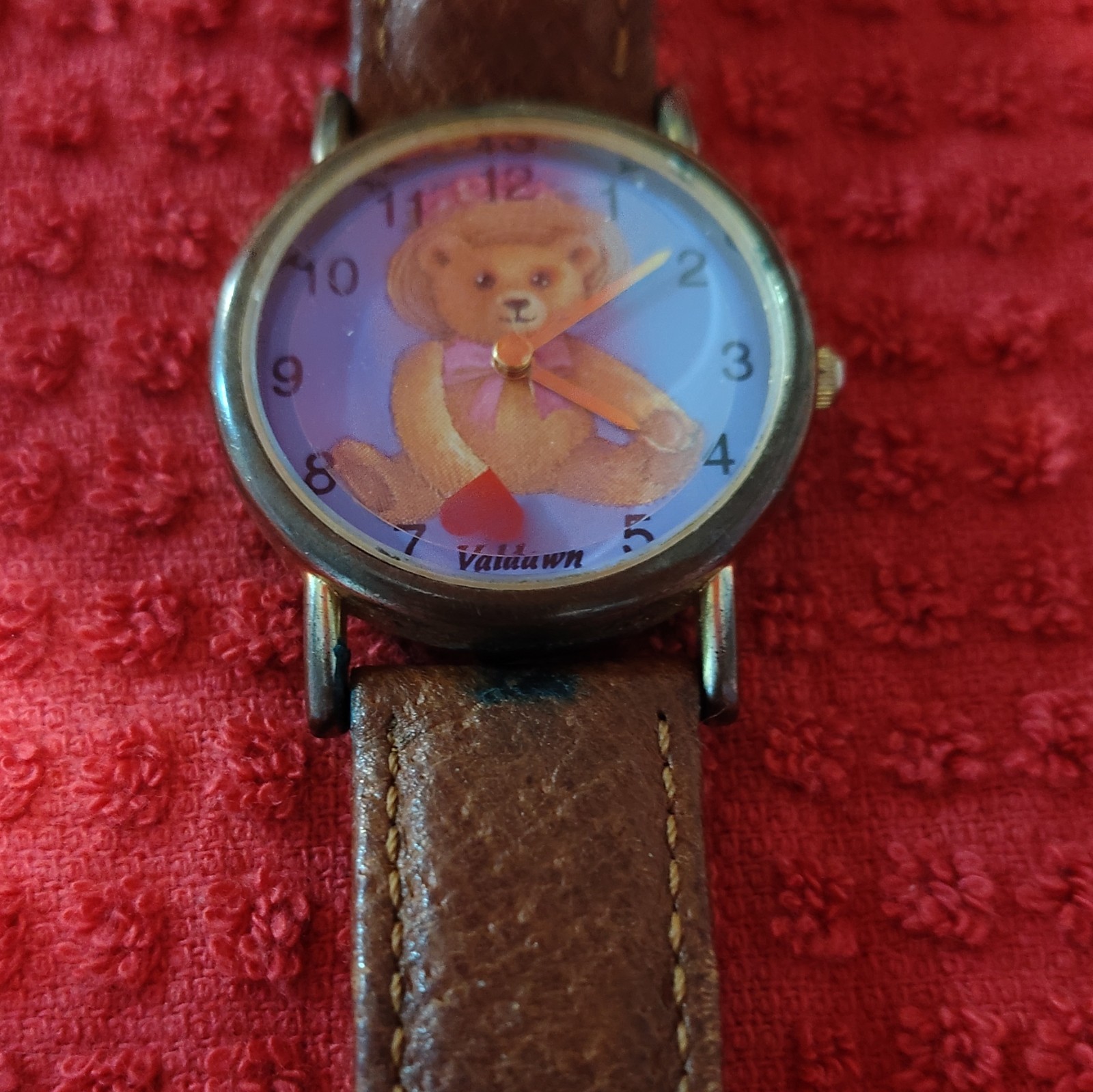 Valdawn Kids Quartz Analog Teddy Bear Dial Blue Brown Leather Gold 24-27.9mm