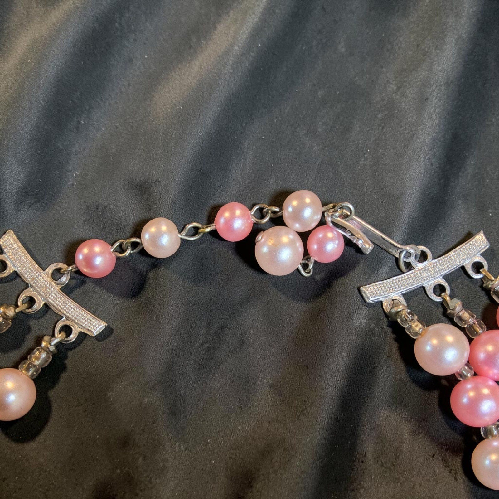 Vintage Japan-Stamped Pink Gray 3 Strand Beaded Bib Necklace Faux Pearl Crystal