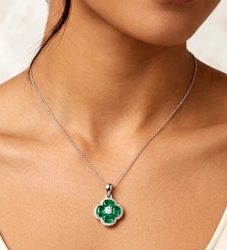 3.17 Ct Oval Cut Emerald Pendant Wedding Pendant 14K White Gold