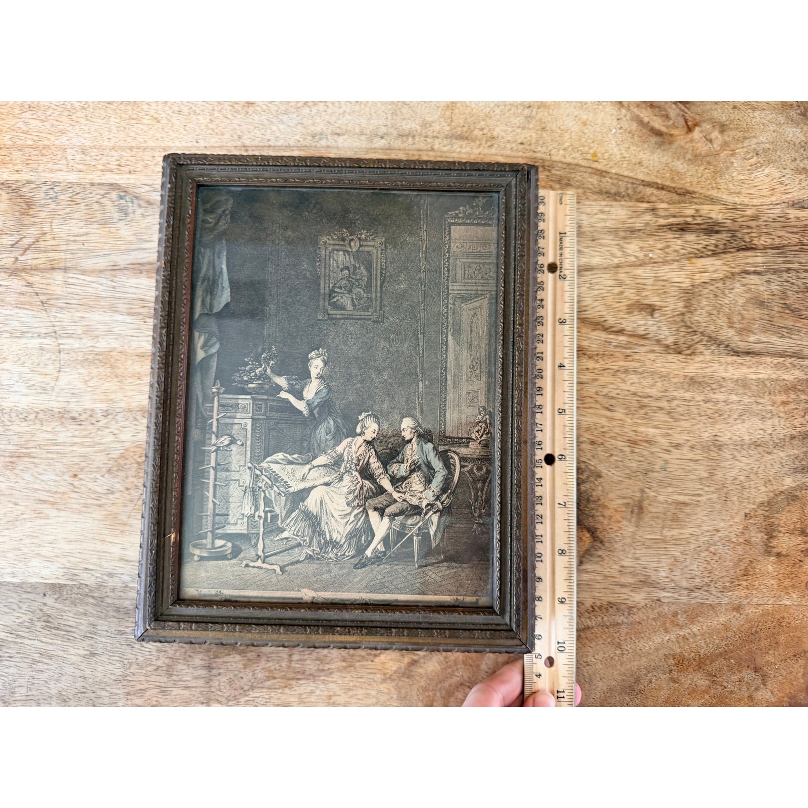 Antique Wood Jewelry Box French Salon Engraving Lid Mirror Compartments 1920s