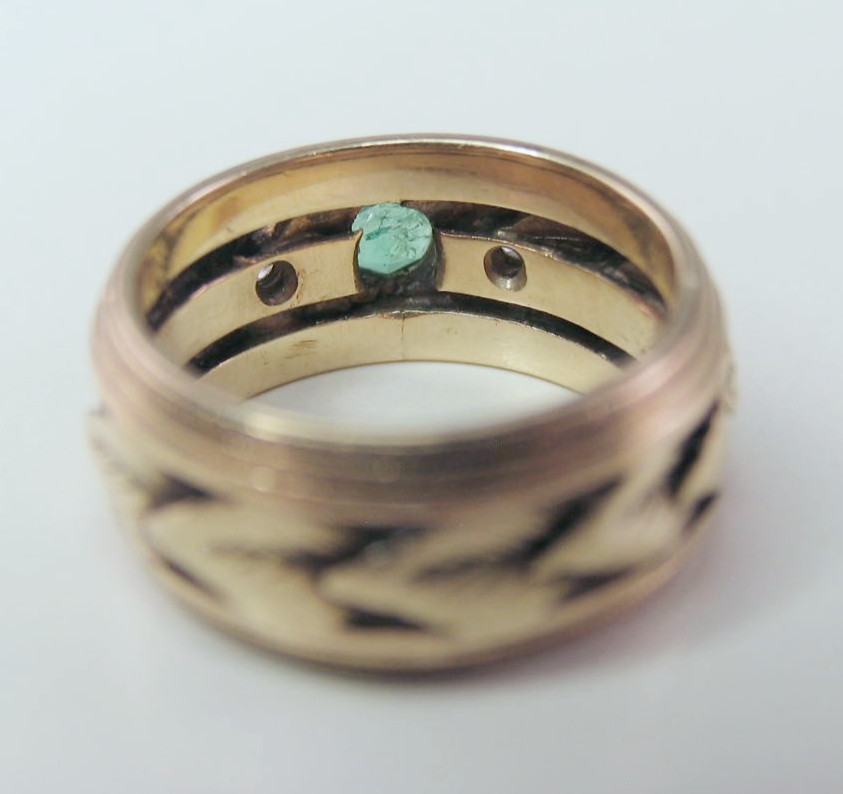 Vintage 14k Gold 1 Emerald 2 Diamond Leaf Die-Struck Size 4.5 Ring 6.7g HEAVY!