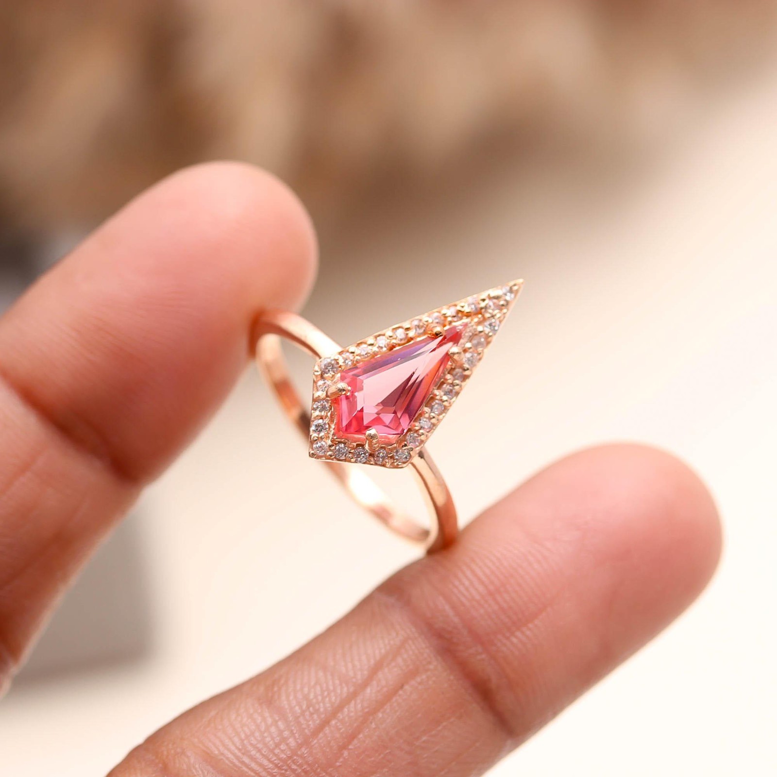 Natural Pink Topaz Kite Shape Ring Rose Gold Fill 925 Sterling Silver Jewelry
