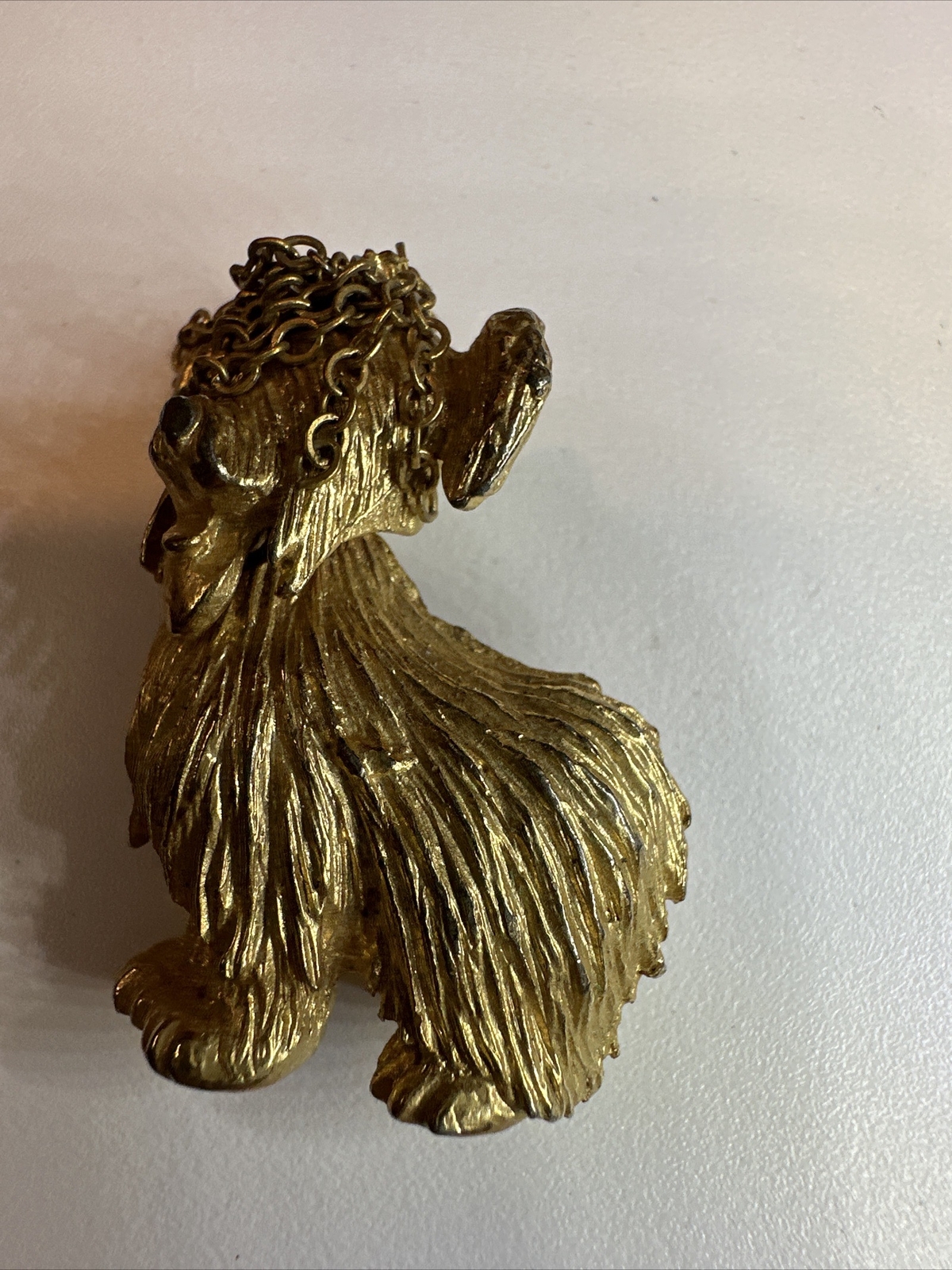 R Mandle Dog Brooch Pin Sheepdog Shaggy Chain Bangs Terrier Gold Tone Vintage