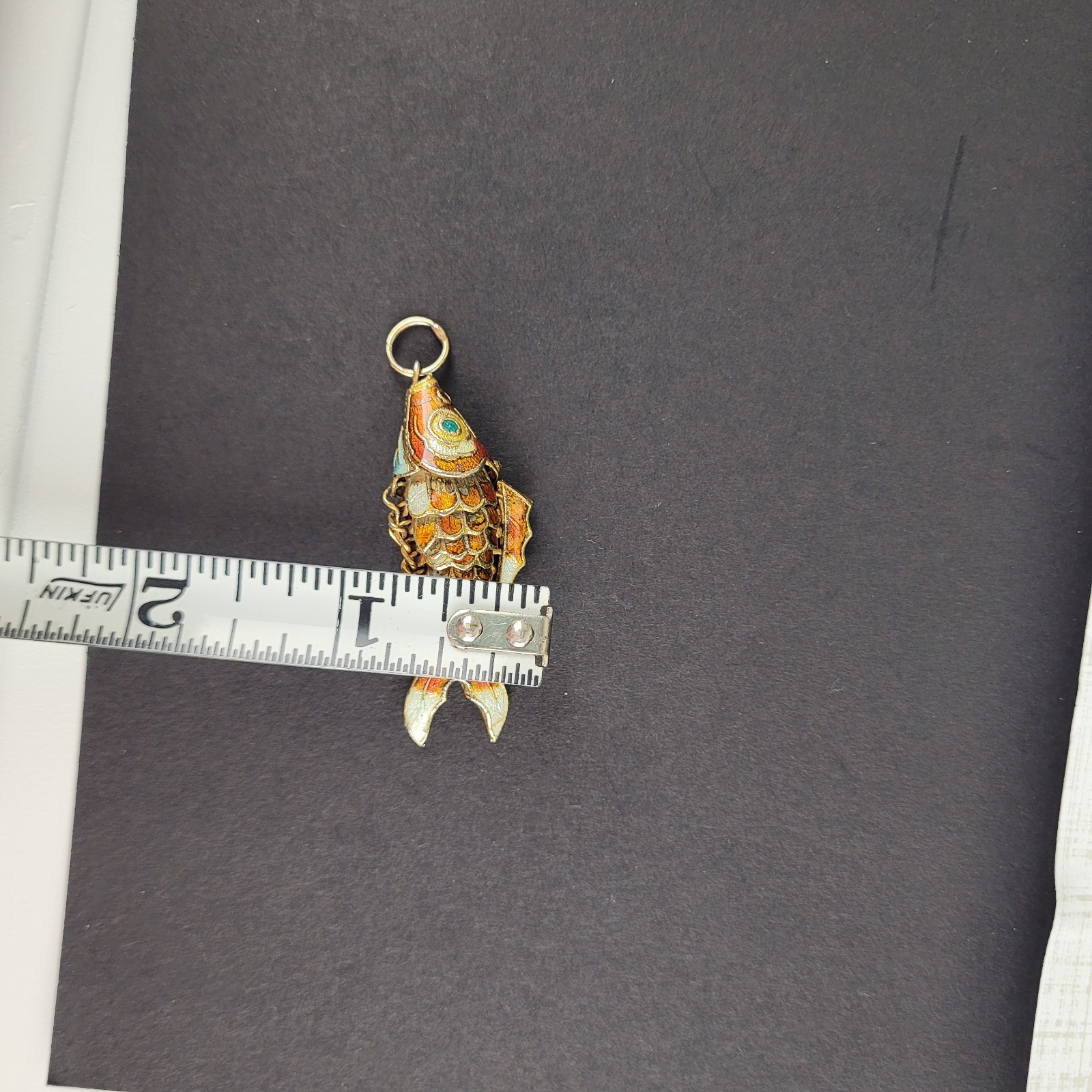 Chinese Gold Gilt Orange Enamel Cloissone Tropical Wiggly Fish Charm Pendant 2″