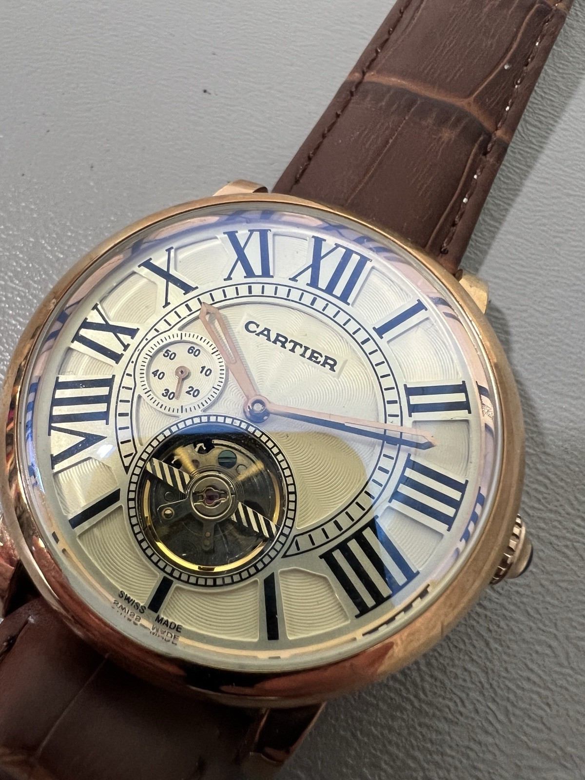 Cartier Mens Automatic Business Casual Watch Brown Leather Strap Rose Gold