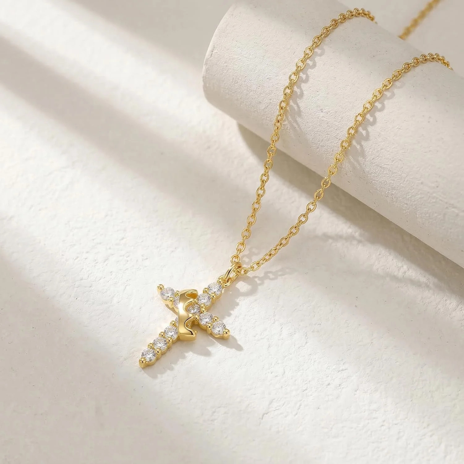 Gold Cross Necklace for Women Dainty 14K Gold Plated Diamond Cross Pendant