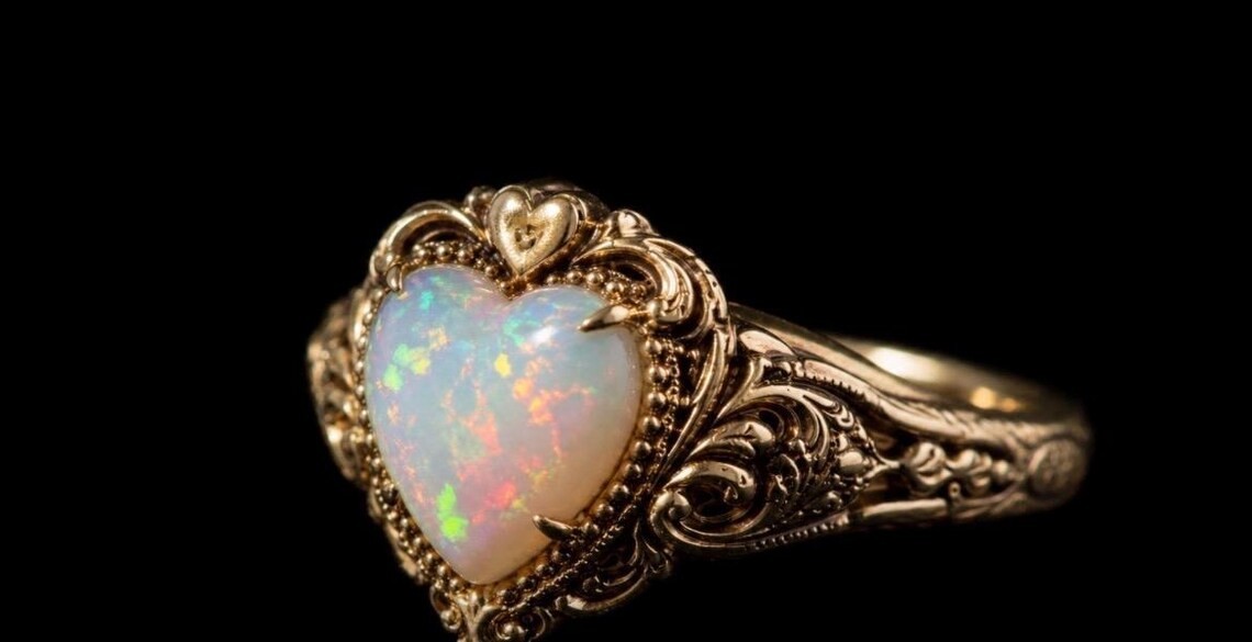 Heart Shaped Ethiopian Opal Ring, Vintage Filigree Band, October Birthstone, Ant