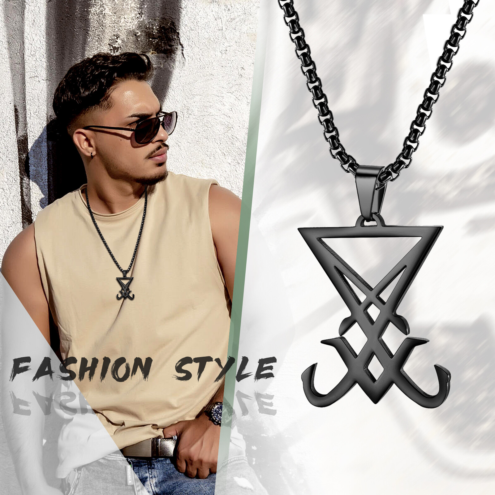 Sigil of Lucifer Pendant Necklace Mens Satanic Amulet Stainless Steel Chain 24″
