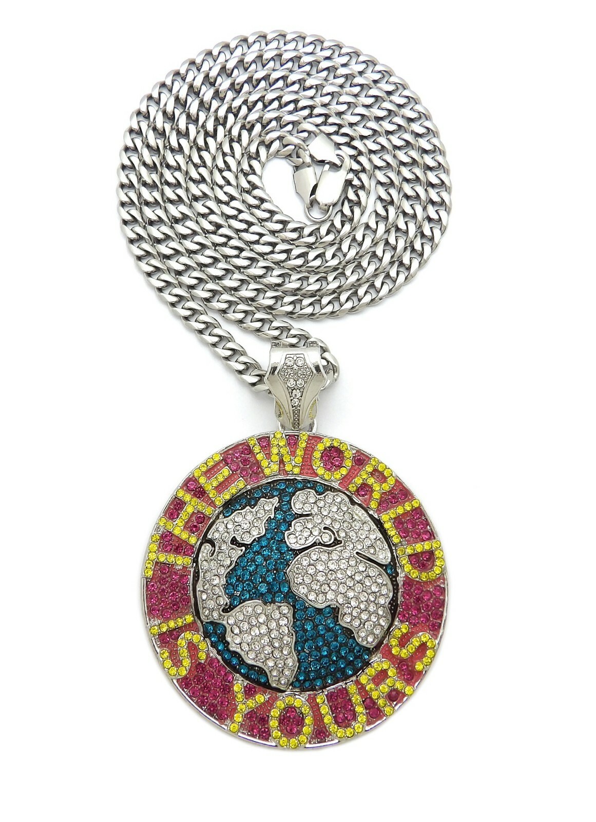 THE WORLD IS YOURS LARGE PENDANT & 6mm 36″ STAINLESS STEEL CUBAN CHAIN NECKLACE