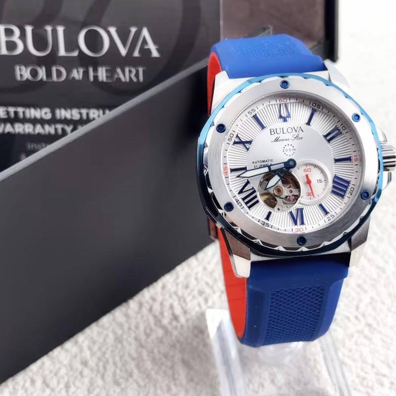Bulova 98A225 Marine Star A Men’s Automatic Watch White Dial Blue Strap 45mm