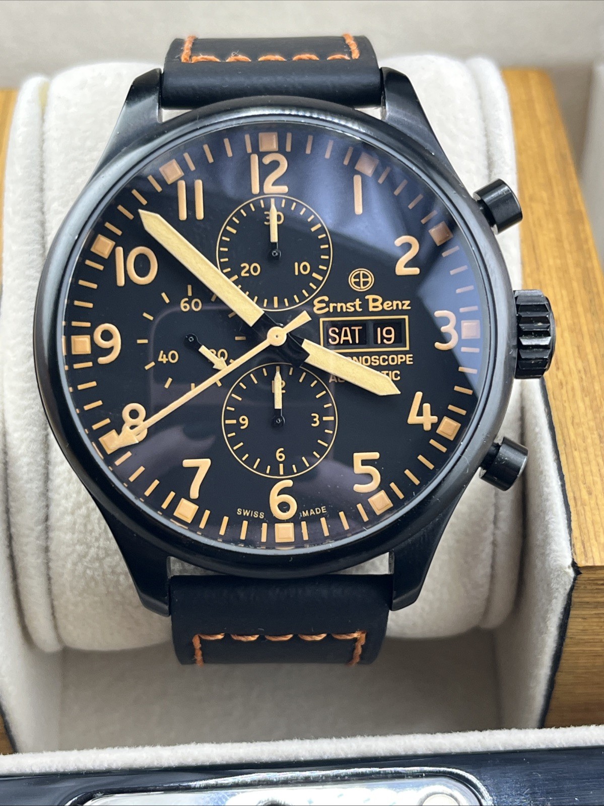 Auth Ernst Benz Watch Automatic w Box/stand. Black Orange. Chronoscope 078/250
