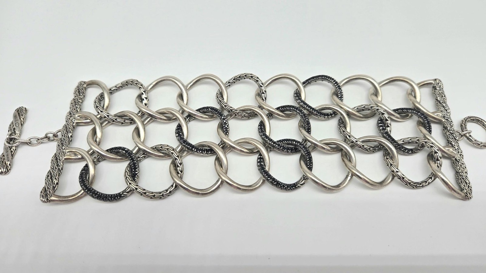John Hardy Sapphire Link Bracelet Sterling Silver 2.34ctw 114g Wide Statement