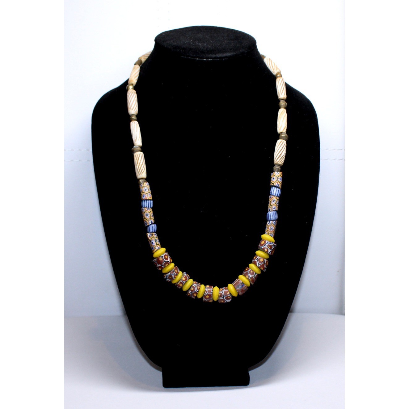 handcrafted Nigerian Trade Bead Necklace 26″ blue yellow brown glass copper