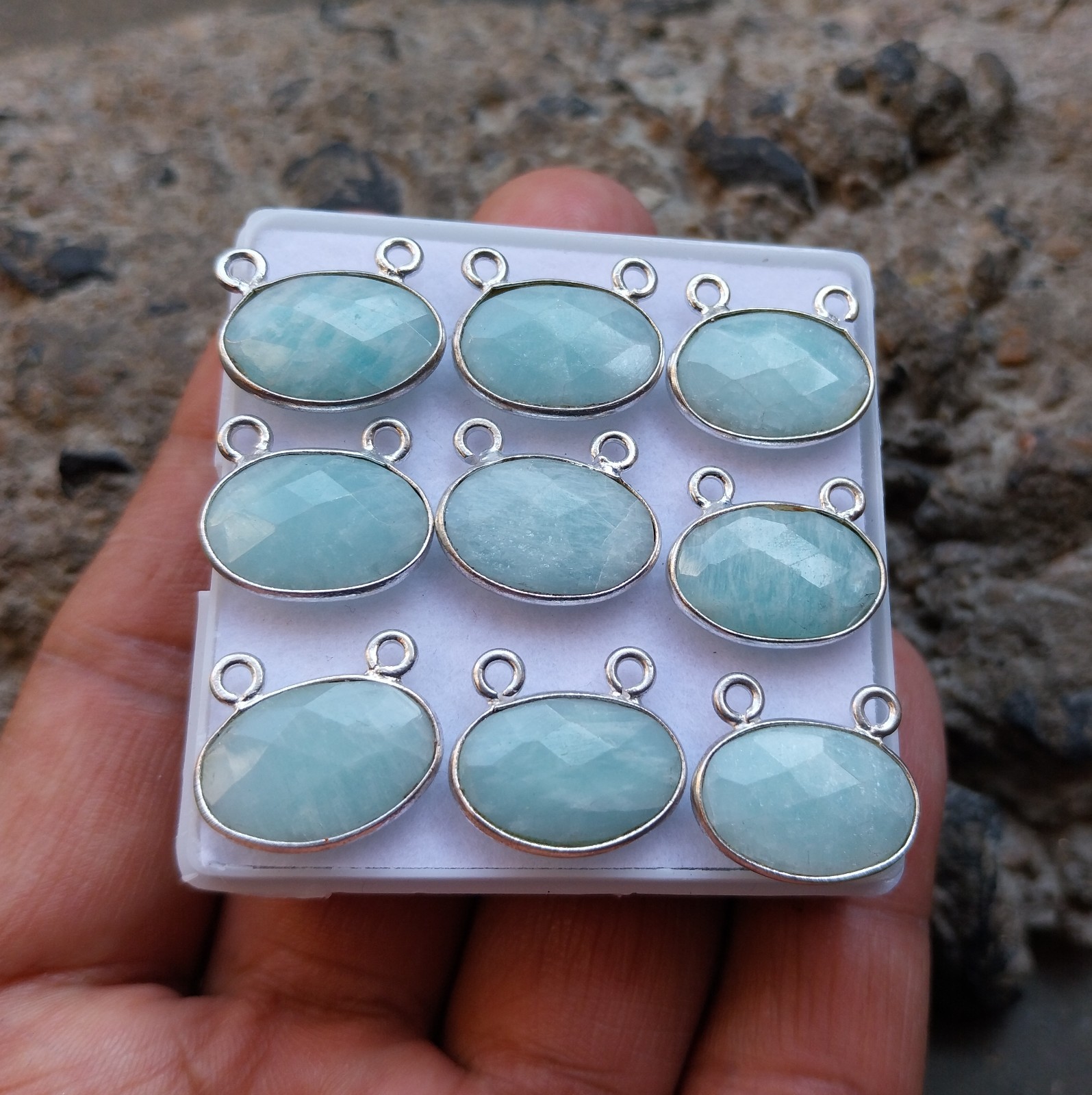 925 Sterling Silver 12 to 16 MM Amazonite Oval 9 Piece Double Loop Pendant