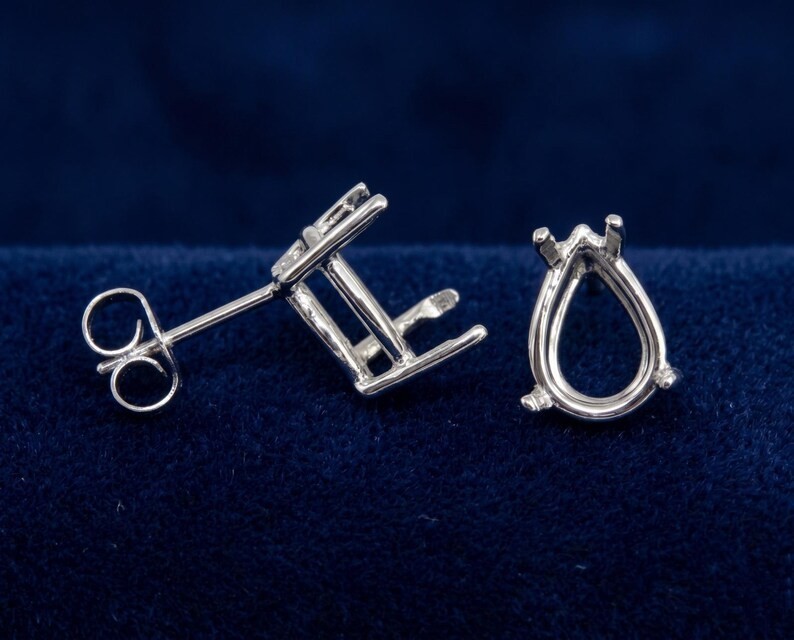925 Sterling Silver 5x7mm Pear Prong Stud Earrings Semi Mount Jewelry Setting