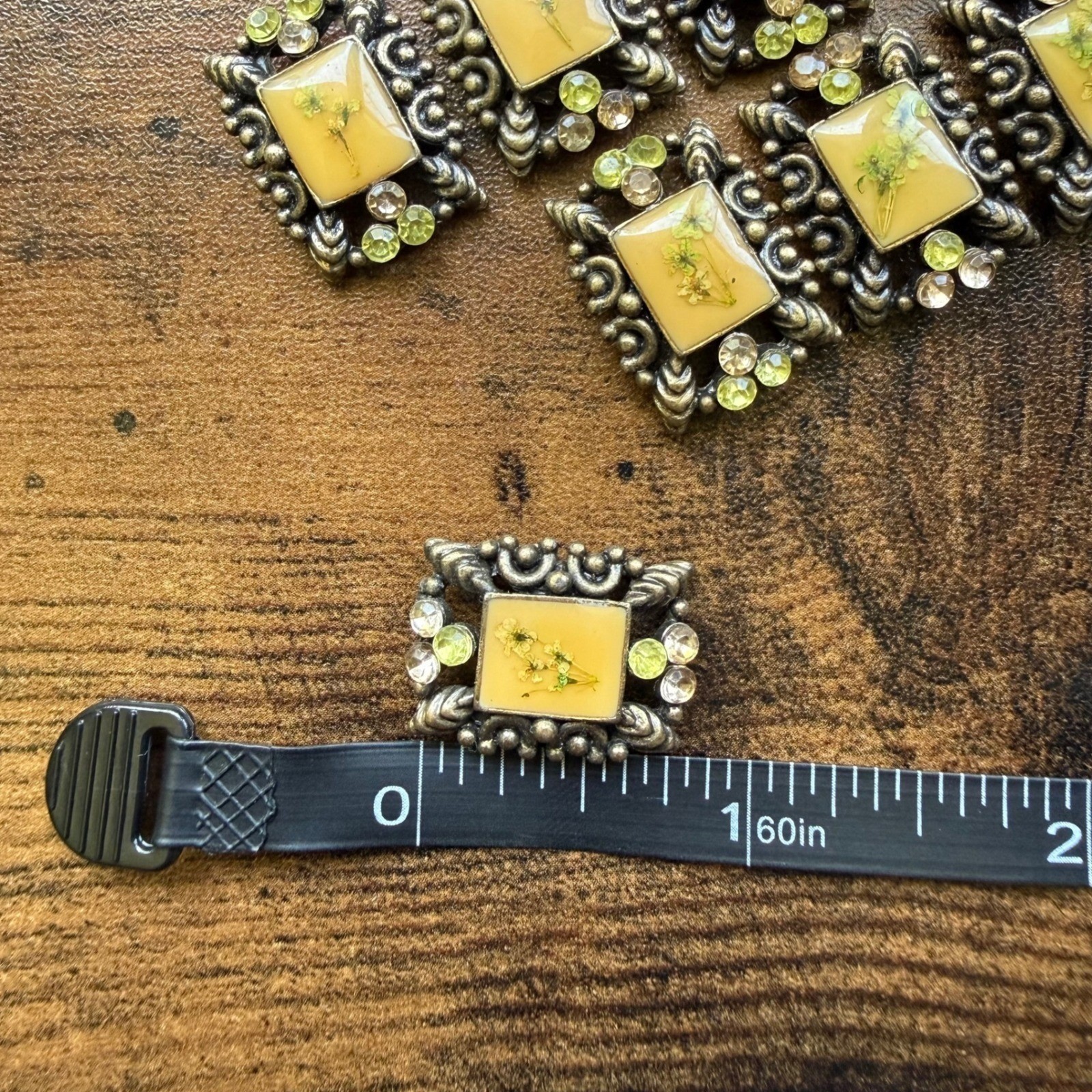 Lot 9 Vintage Ribbon Slide Brooches Dried Pressed Flower Resin Rhinestone