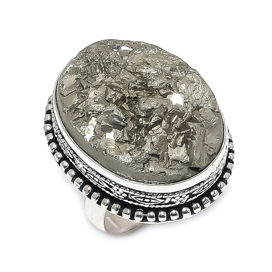 Pyrite Druzy Gemstone 925 Sterling Silver Jewelry Ring Size 9 Gift for Her f512