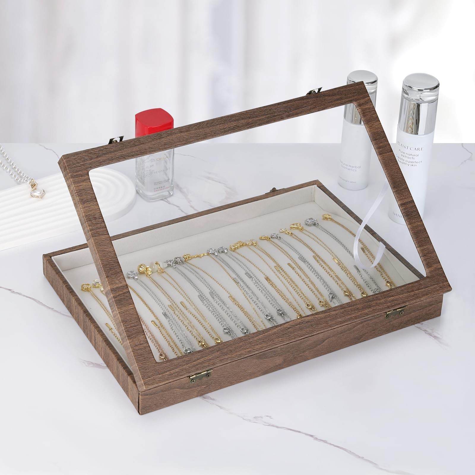 KUKUVR 20 Hooks Velvet Necklace Organizer Box (Wood Style) Wood Style