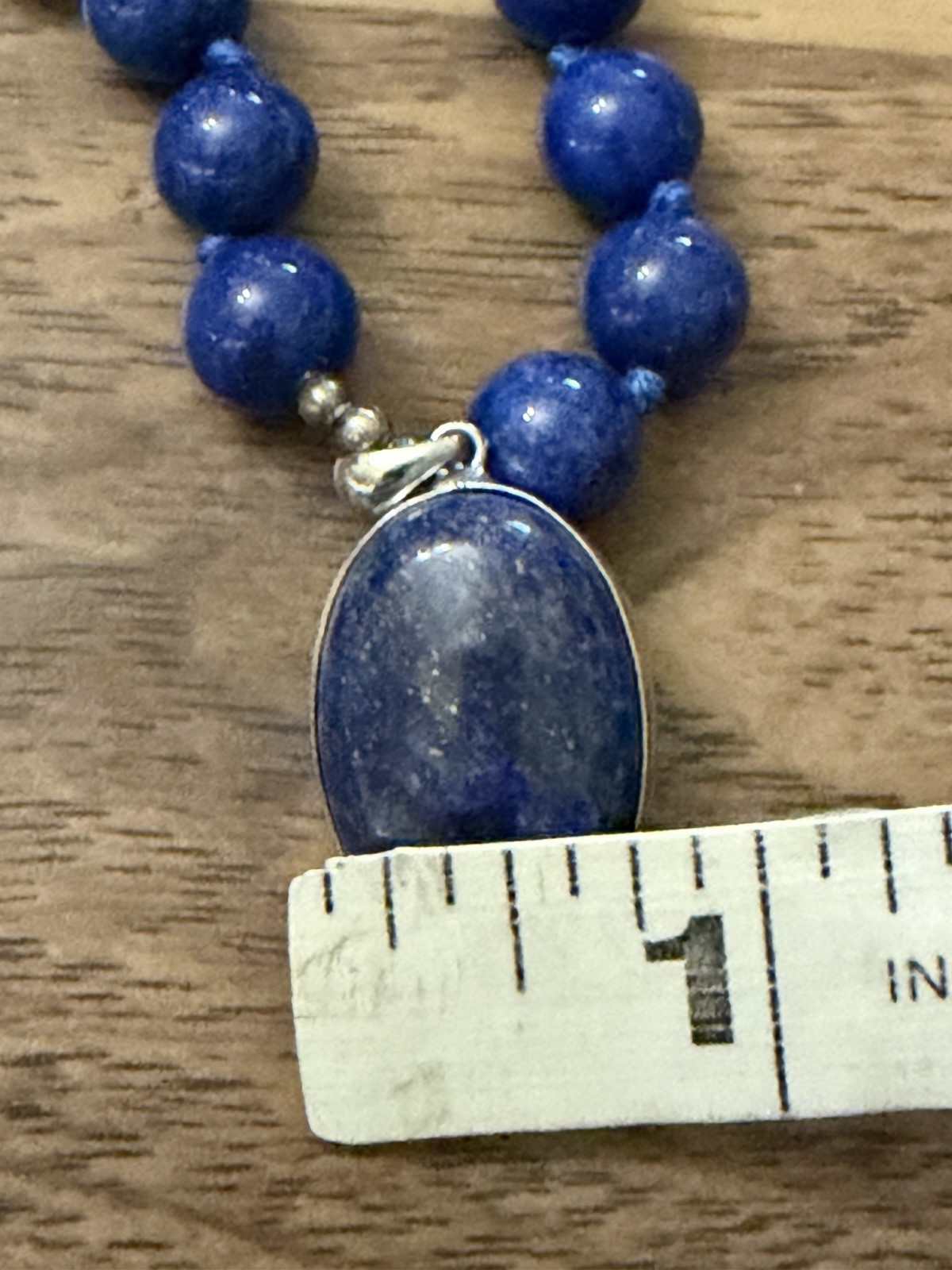 10mm Round Lapis Lazuli Beads & Oval Pendant Necklace 18”