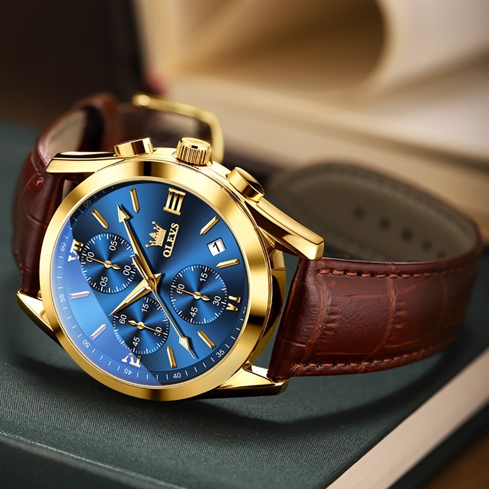 OLEVS 2872 Luminous Multifunctional Male Leather Top Quality Quartz Watches