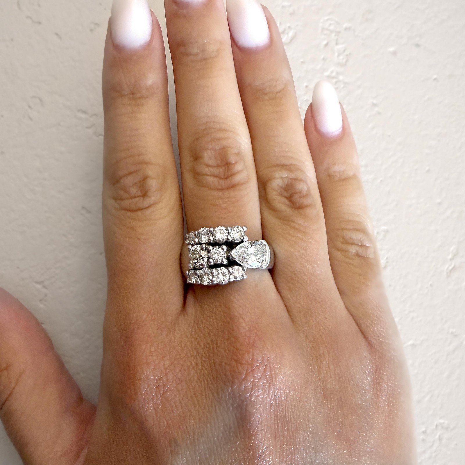 3.75 Carat Pear & Round Diamond 14K White Gold East West Bypass Cluster Ring