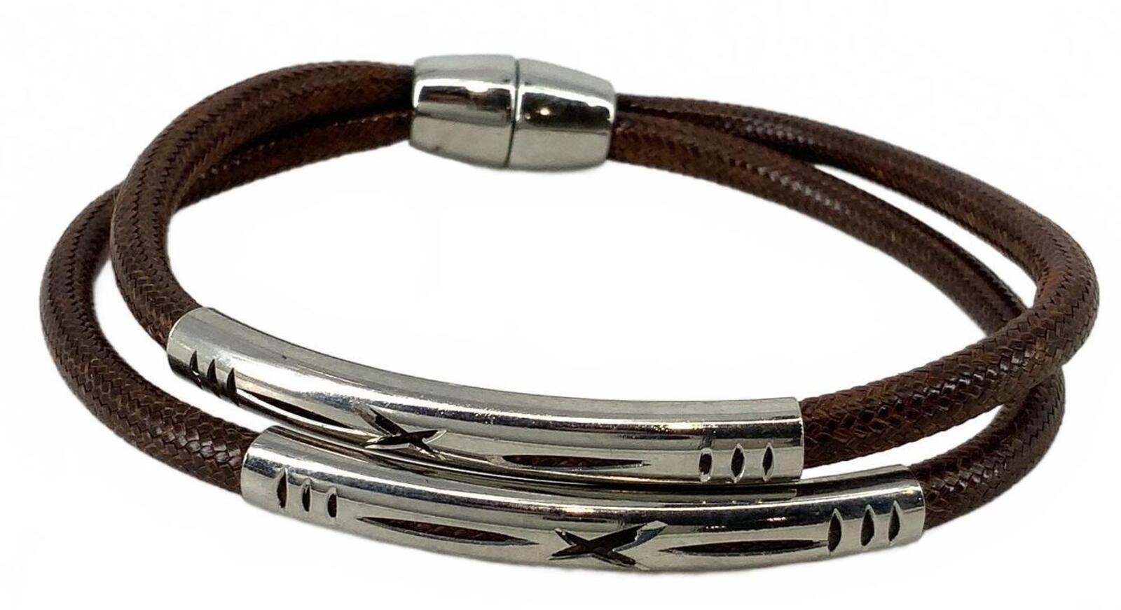 Vintage Brown Braided Cord Silvertone Southwestern Double Strand Wrap Bracelet