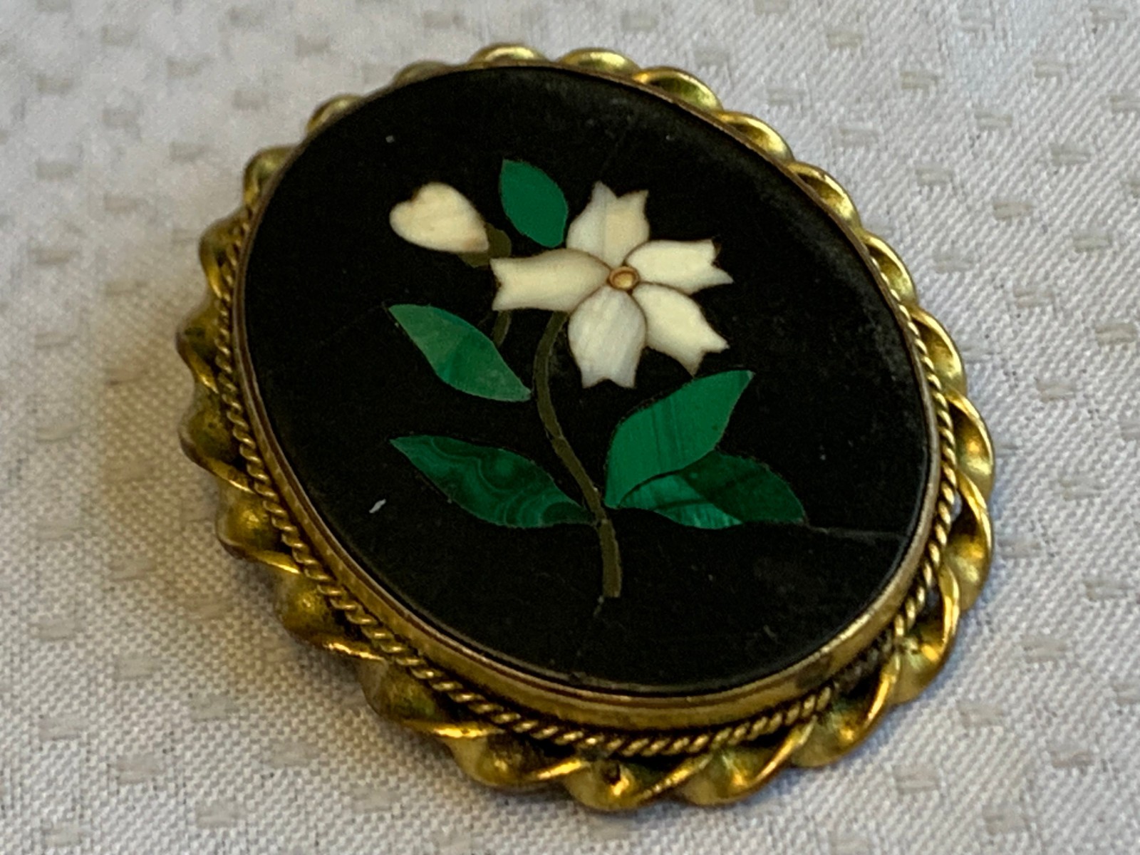 Antique Pietra Dura Brooch Costume Jewelry White Flower Floral Stone Inlay Pin