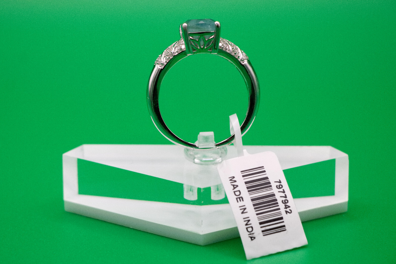 Grandidierite & White Zircon 3.75 ctw Sea Fern Ring in Rhodium Over SS Size 10
