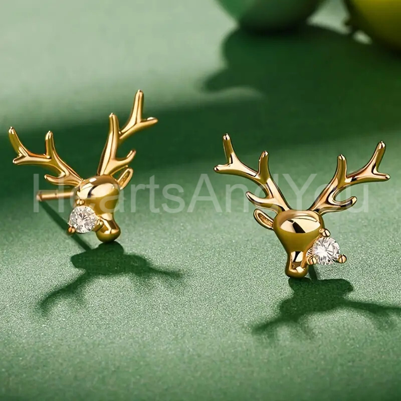 1ct Round Cut Moissanite Stag Reindeer Stud Earrings 14K Yellow Gold Plated