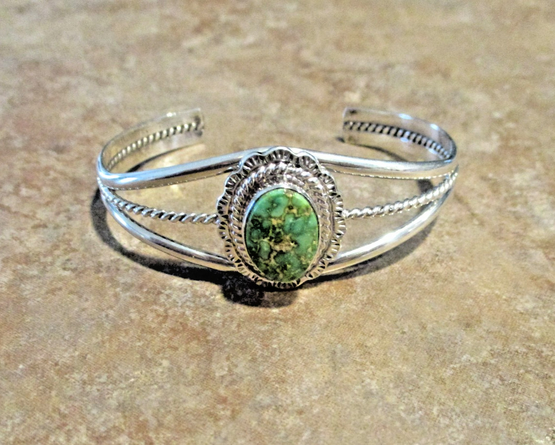 Contemporary Navajo Sterling Silver PREMIUM TURQUOISE Bracelet Signed AC