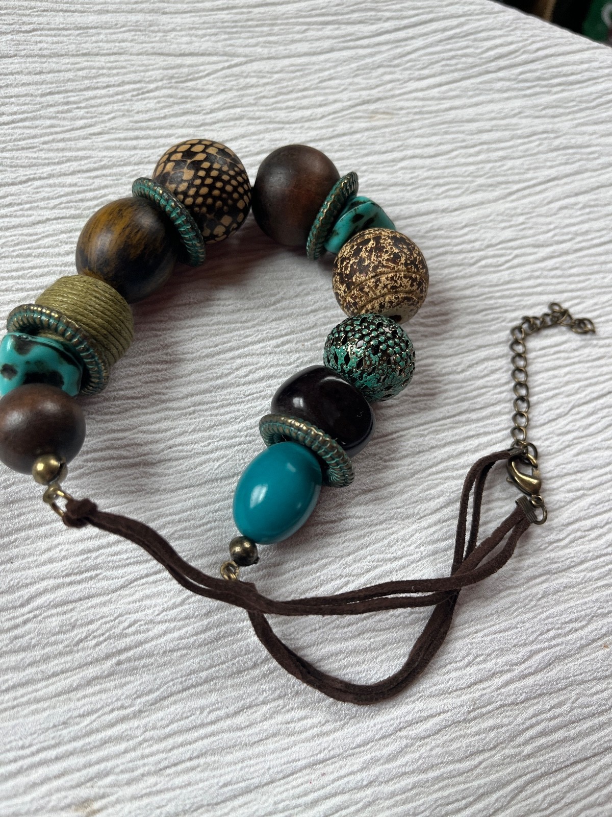 Dark Brown Double Suede Cord w Chunky Turquoise Brown Metal Wood Plastic Bead