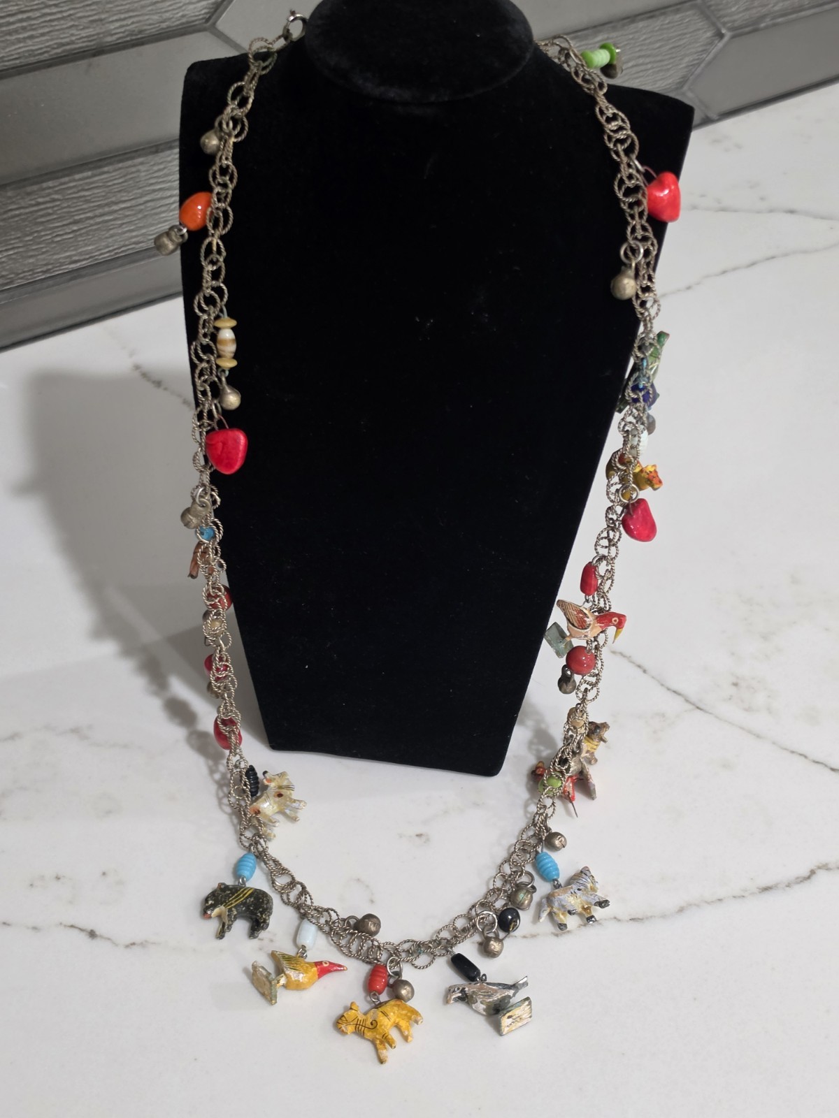 Vintage Tropicana Necklace Silver Wooden Animals Birds Chain Parrot Hearts 1960s