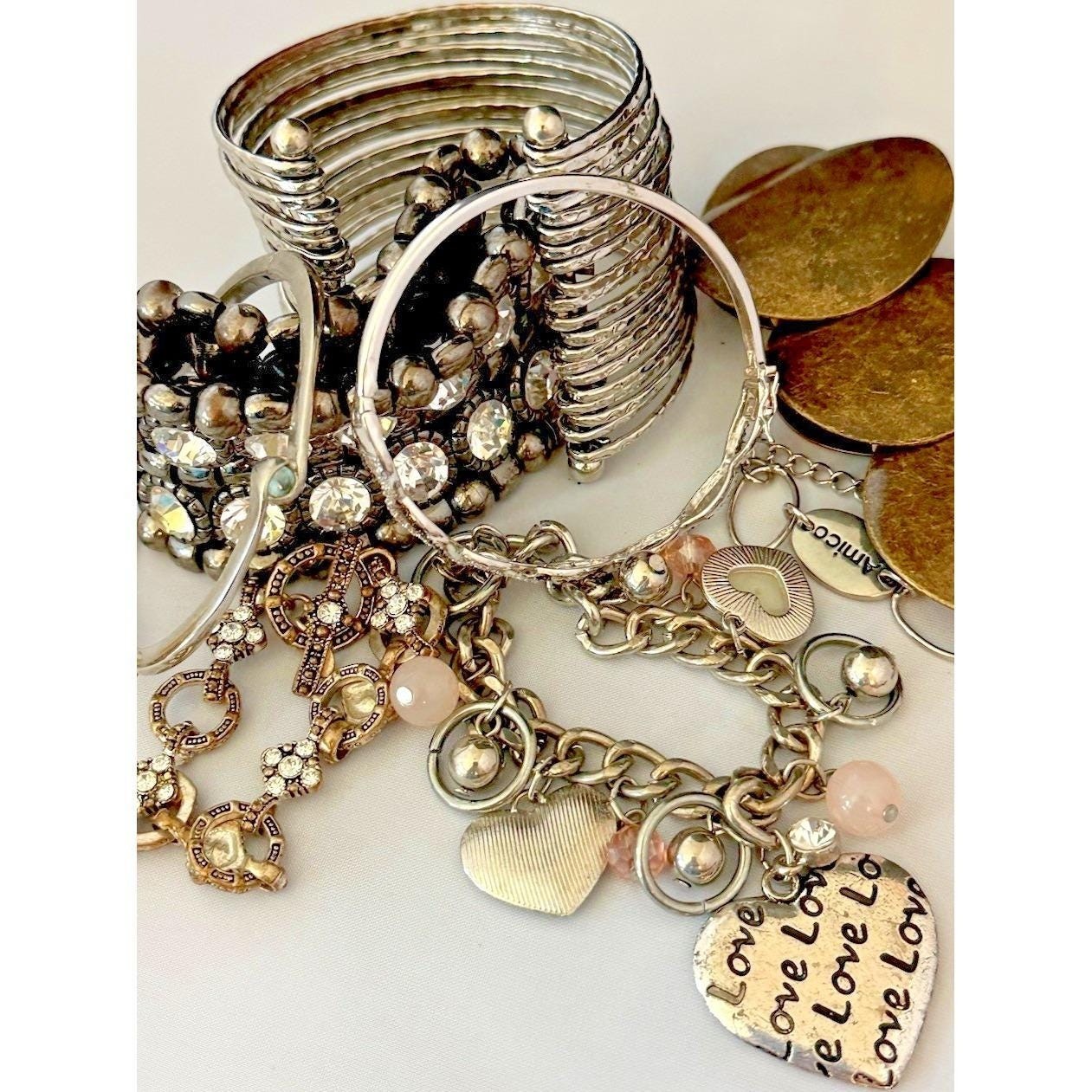 Vintage Bracelets Lot Rhinestones Charm Heart Cuff Brass Expansion