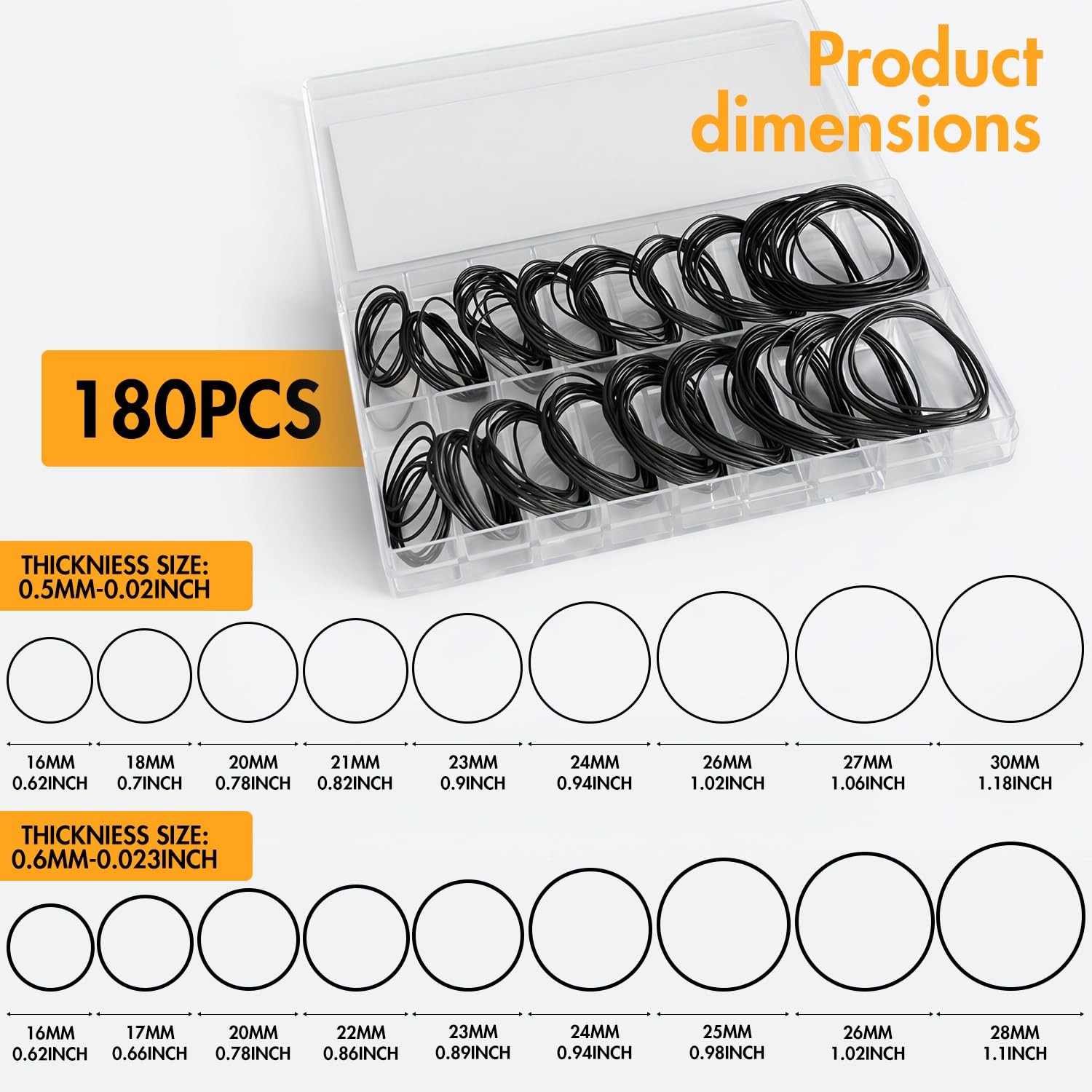 Darlingao 180 Pcs O Ring Watch Gasket Kit, 18 Sizes Rubber Seal O Rings Black