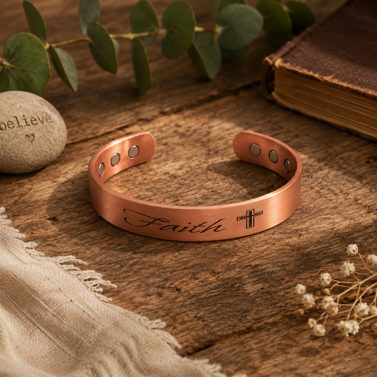 2 Pack Pure Copper Magnetic Bracelet Solid Copper Cuff FAITH CROSS LOVE HEART