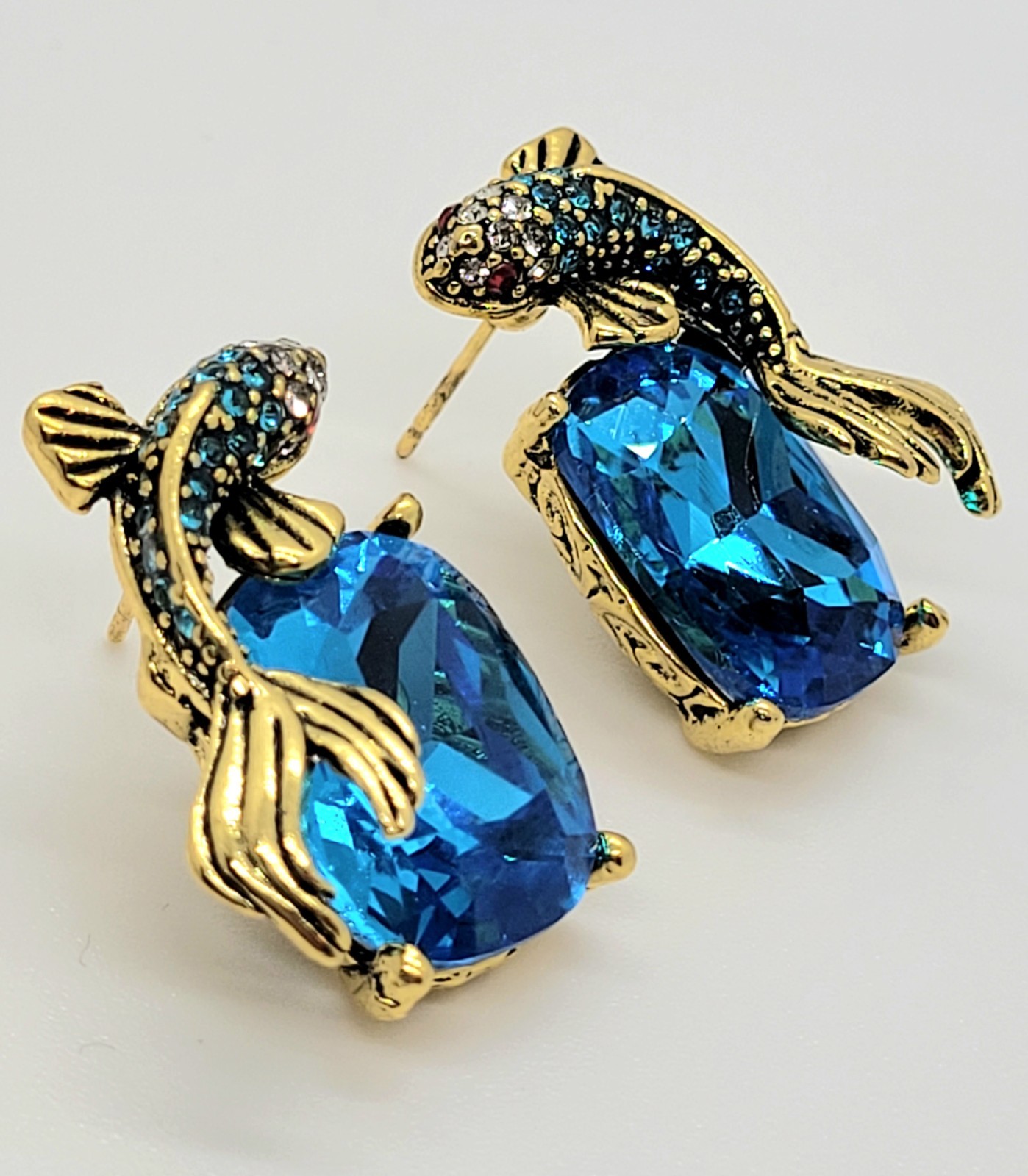 Koi Fish Earrings VTG Gold Fish BLUE Crystal Nouveau Ornate Art Deco CZ Cluster