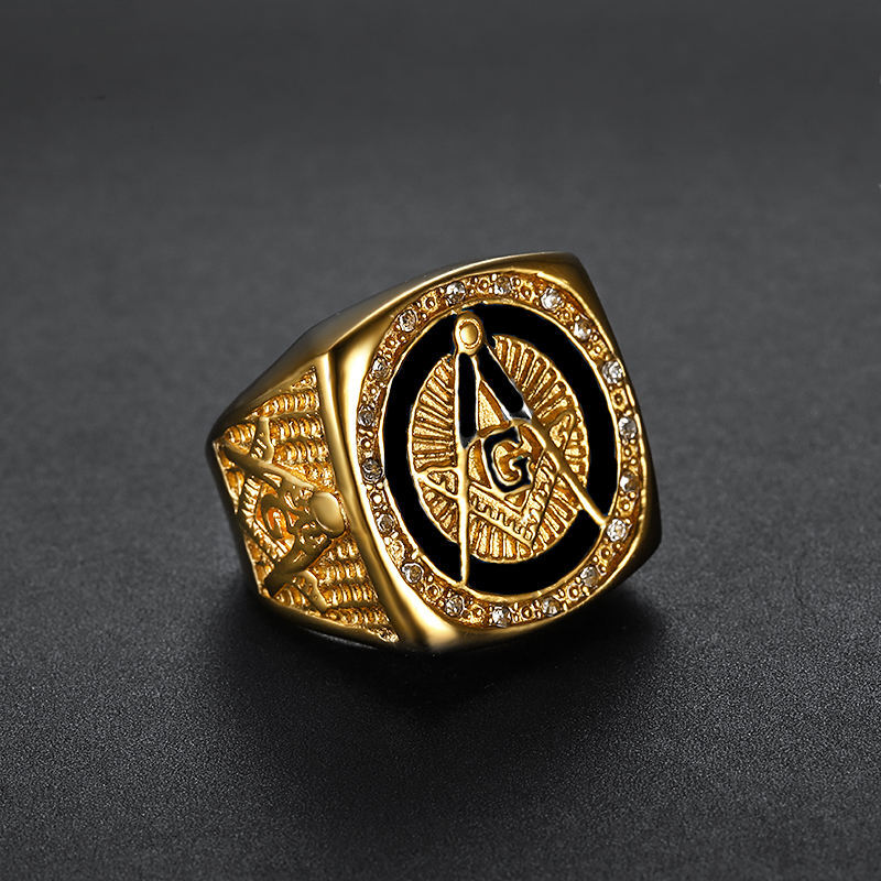 Masonic Ring Freemason Men’s Stainless Steel Crystal Gold Mason G Pillar Cross