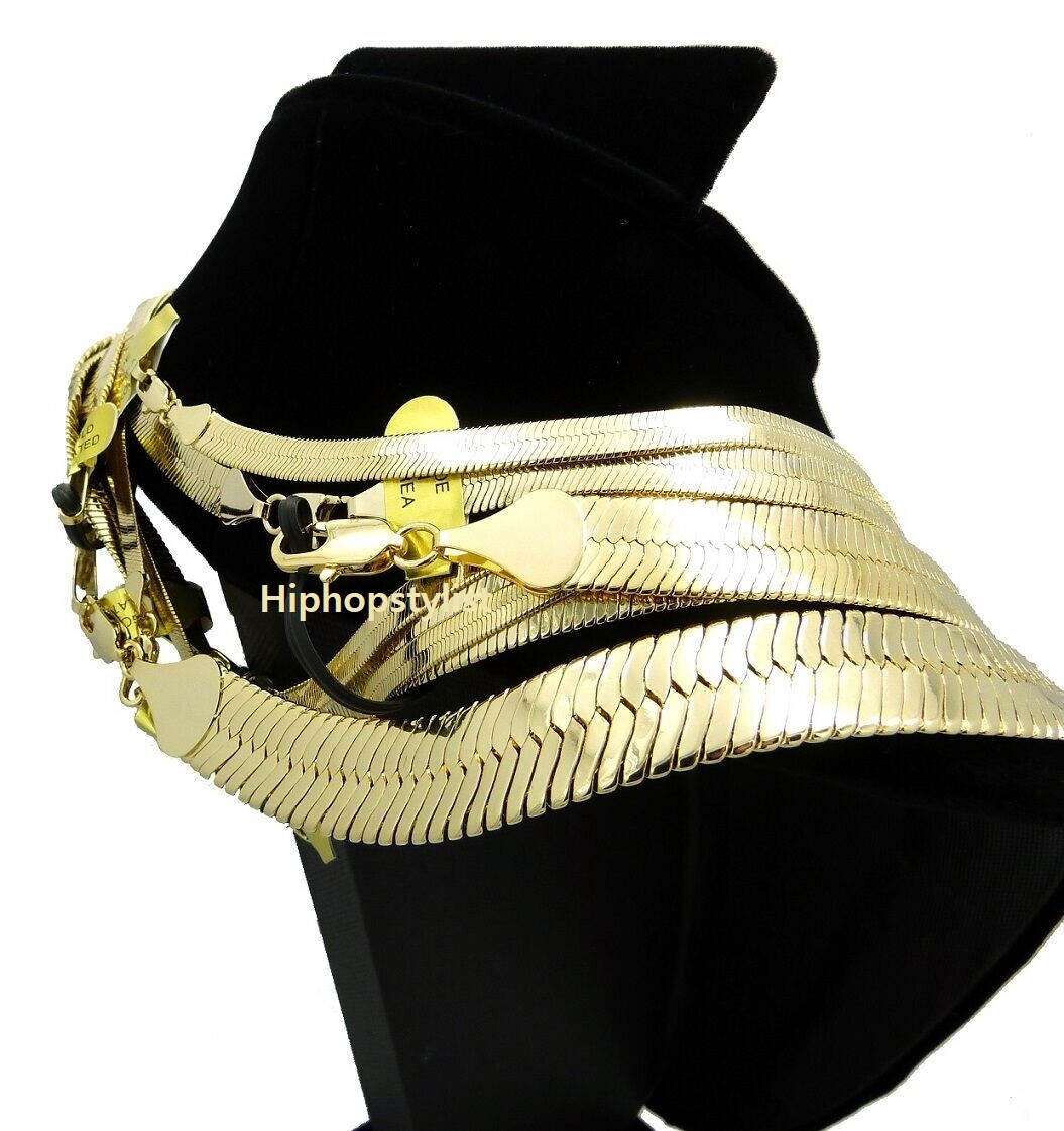 Men Herringbone Chain 14K Gold Finish 4mm to 14mm 16″ 18″ 20″ 24″ 30″ Necklace